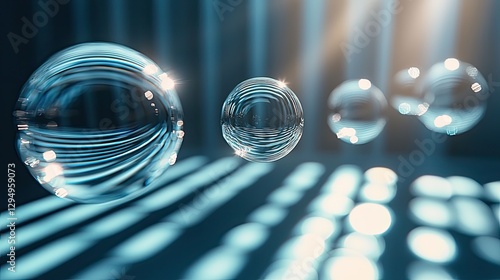 Floating transparent bubbles reflecting light in a serene environment with soft shadows