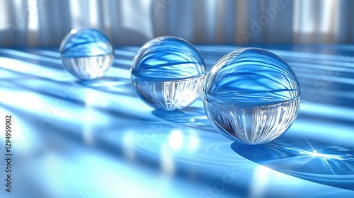 Three crystal spheres reflecting blue light on a smooth surface with soft shadows and highlights