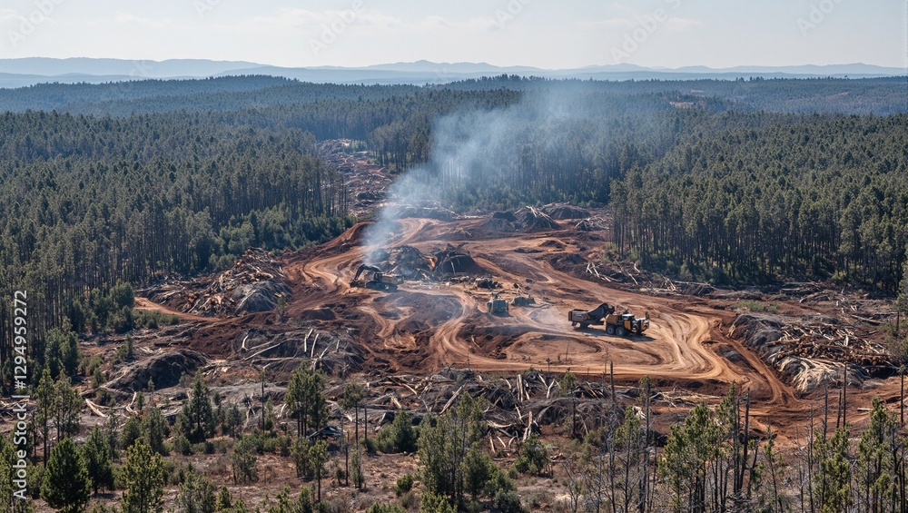 Fototapeta premium Industrial deforestation scene with logging machinery tree stumps and smoke in a vast clearing Environmental impact depicted from above