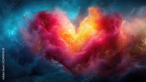 Vibrant abstract heart shape formed by colorful clouds, symbolizing love and emotion