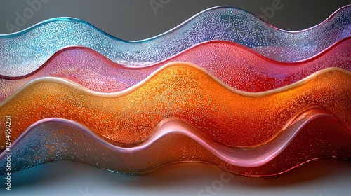 Colorful undulating glass waves in vibrant hues of blue, orange, and pink against a neutral backdrop