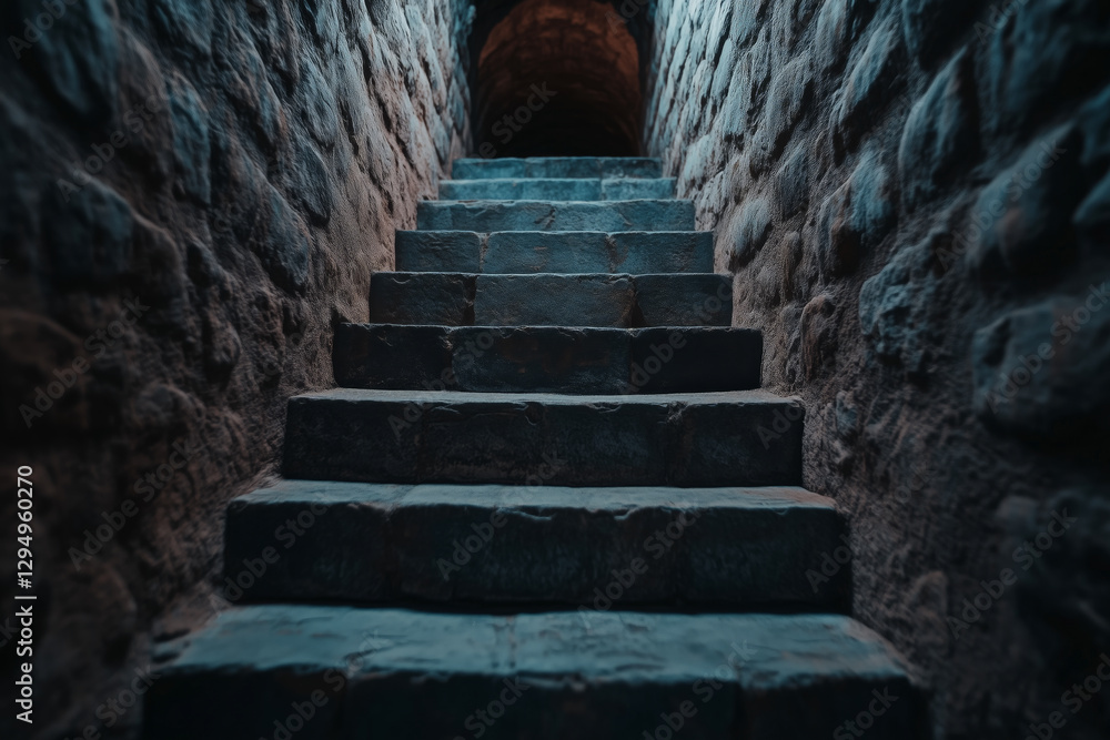 Ancient stone staircase leading into a dimly lit underground tunnel with rustic stone walls, mysterious Ancient stone staircase leading into a dimly lit underground tunnel with rustic stone walls, mysterious