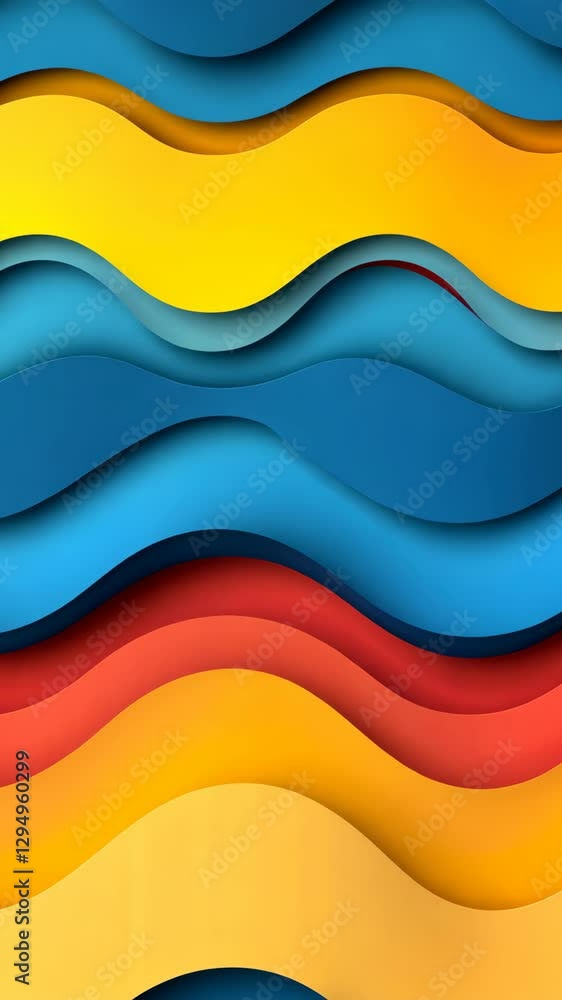 Colorful layered waves in vibrant blue, yellow, and red create a striking abstract design with soft curves Colorful layered waves in vibrant blue, yellow, and red create a striking abstract design with soft curves
