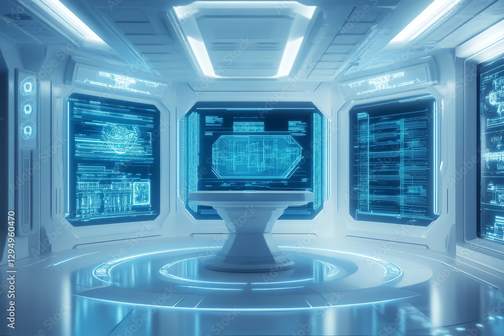 A mysterious sci-fi research lab 3D background featuring a glowing podium with digital projections. The sterile white walls contrast with the holographic blue screens displaying complex scientific A mysterious sci-fi research lab 3D background featuring a glowing podium with digital projections. The sterile white walls contrast with the holographic blue screens displaying complex scientific