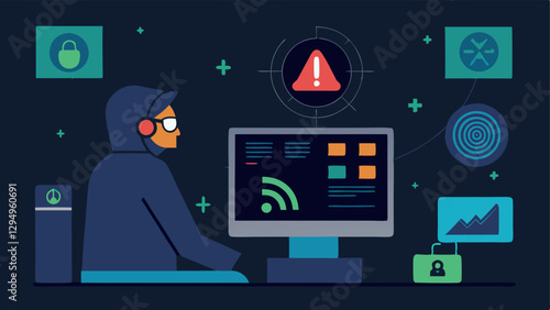 Threat Detection An analyst using a radar screen with highlighted threats and warning signs to indicate active monitoring and detection of cyber threats.