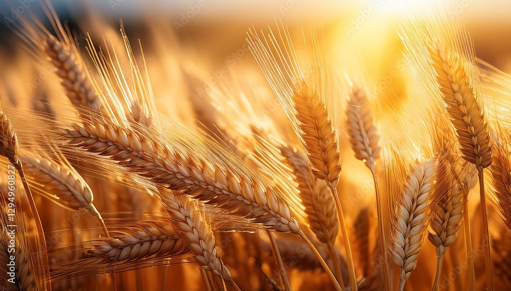 Macro shot of golden wheat grains, with intricate fibrous husks illuminated by sunlight, showcasing the delicate texture and natural beauty of the crop. Macro shot of golden wheat grains, with intricate fibrous husks illuminated by sunlight, showcasing the delicate texture and natural beauty of the crop.