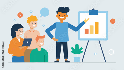 Workshop Host A cheerful influencer at a small workshop gesturing to a flipchart filled with investment strategies while a diverse audience takes notes.
