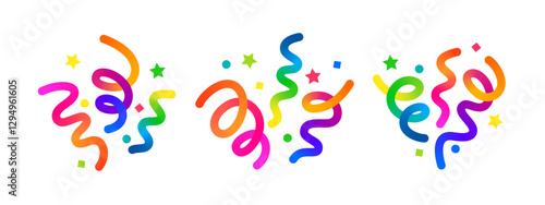 Vector Color Confetti Set. Birthday Party and Carnival Celebration 3D Abstract Element. Fireworks Icons with Gradient Lines, Stars and Swirl Ribbons. Fun Firecracker Explosion Illustration