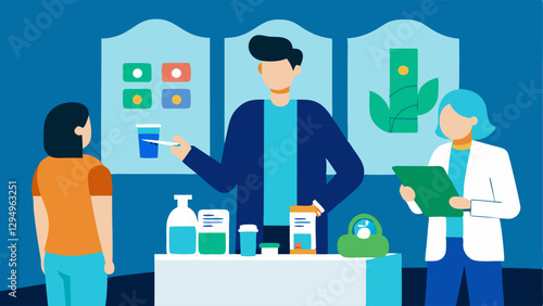 Trade Show Booth A Biotech Sales Spet is standing at a vibrant trade show booth engaging with attendees and showcasing a range of biotech products with brochures and samples spread