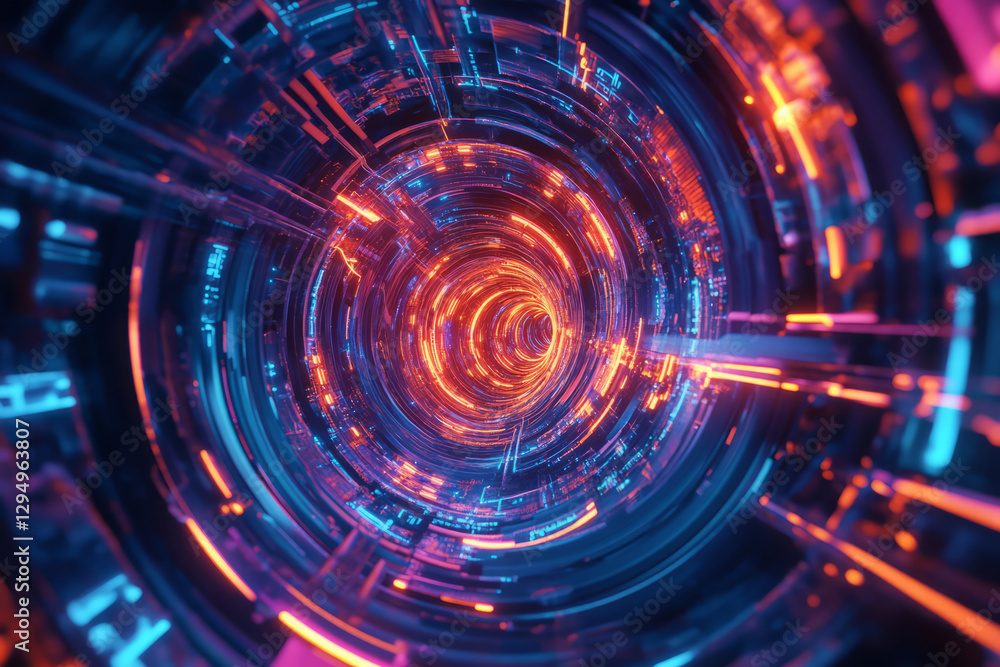 A surreal 3D abstract background showcasing a glowing tunnel of cascading, translucent circuits. The intricate details and neon reflections enhance the futuristic, cyberpunk-inspired aesthetic, A surreal 3D abstract background showcasing a glowing tunnel of cascading, translucent circuits. The intricate details and neon reflections enhance the futuristic, cyberpunk-inspired aesthetic,