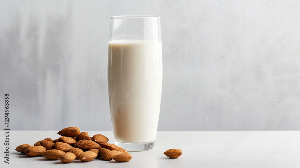 Almond milkshake in a tall glass, side view, creamy texture, smooth and rich, minimal background with copy space Almond milkshake in a tall glass, side view, creamy texture, smooth and rich, minimal background with copy space
