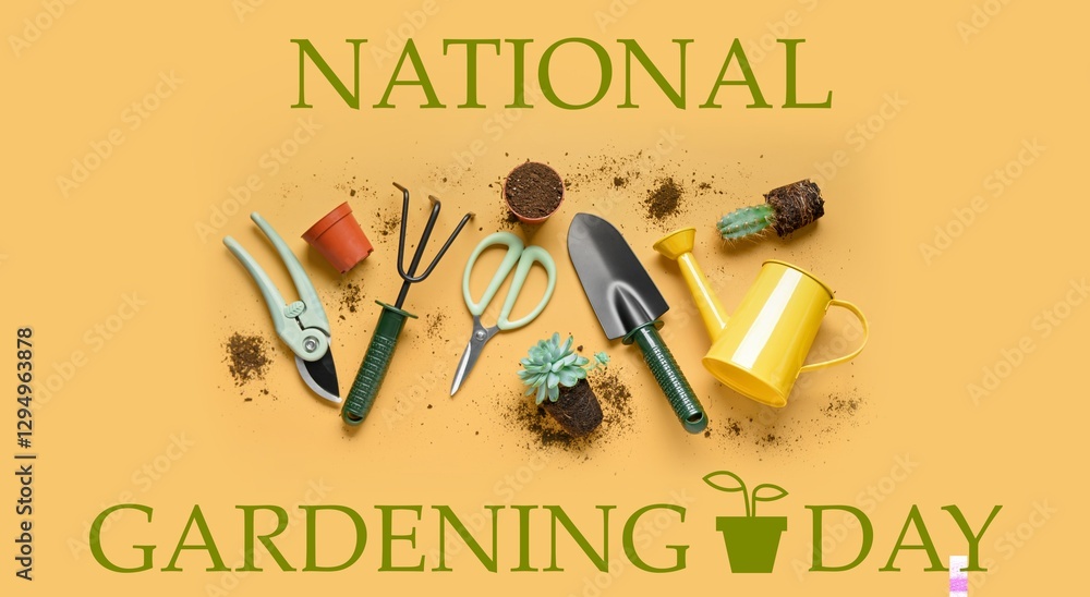 Fototapeta premium Set of gardening tools on yellow background. Banner for National Gardening Day