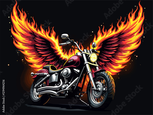 Vector t-shirt design with biker motorcycle, wings
and fire on black background.
Fashionable print for fabric, paper, men clothing,
hoodie, biker jacket. T shirt template with flame.