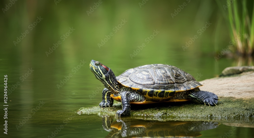 Obraz premium Painted turtle basking on rock in tranquil pond environment