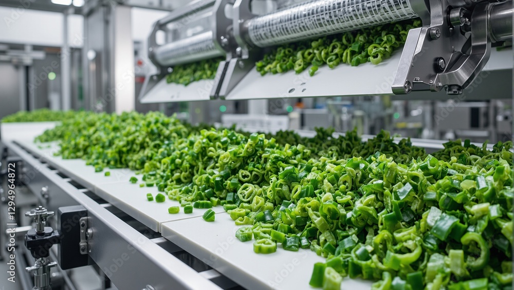 Explore the future with this cutting edge processing plant as automated machines chop fresh green bell peppers in a sleek environment