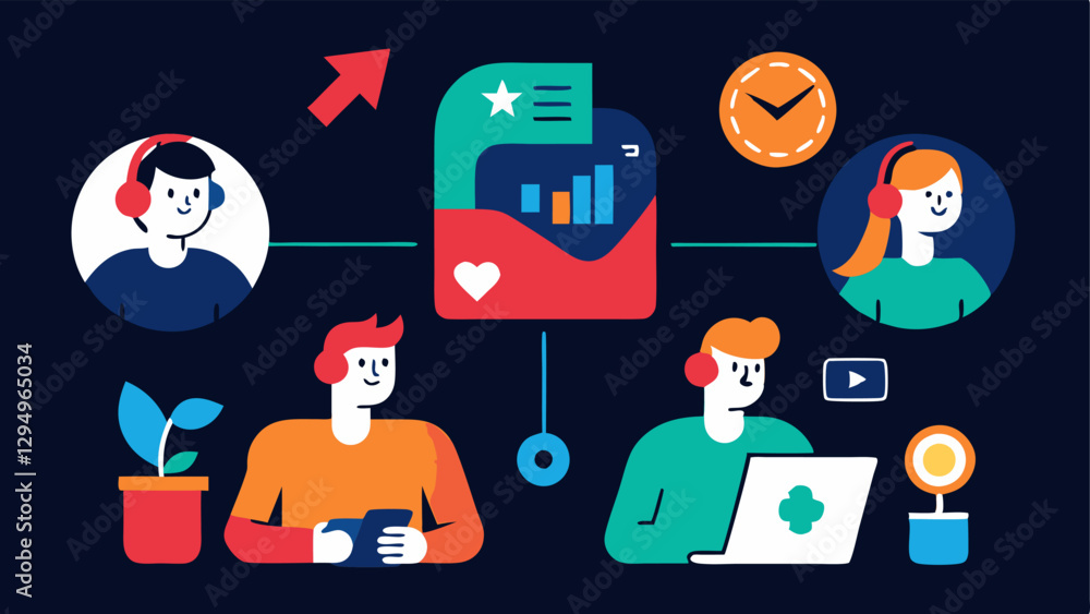 Fototapeta premium These illustrations can visually convey the various facets of organizing esports events emphasizing teamwork planning and the vibrant energy of competitive gaming.
