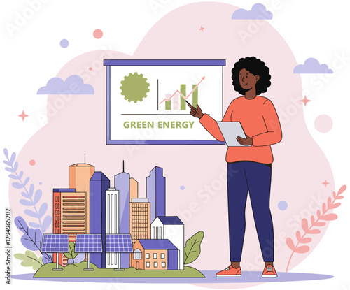 Black woman presenting eco friendly urbanization mockup. Green energy, environmental conservation. Colorful flat style vector