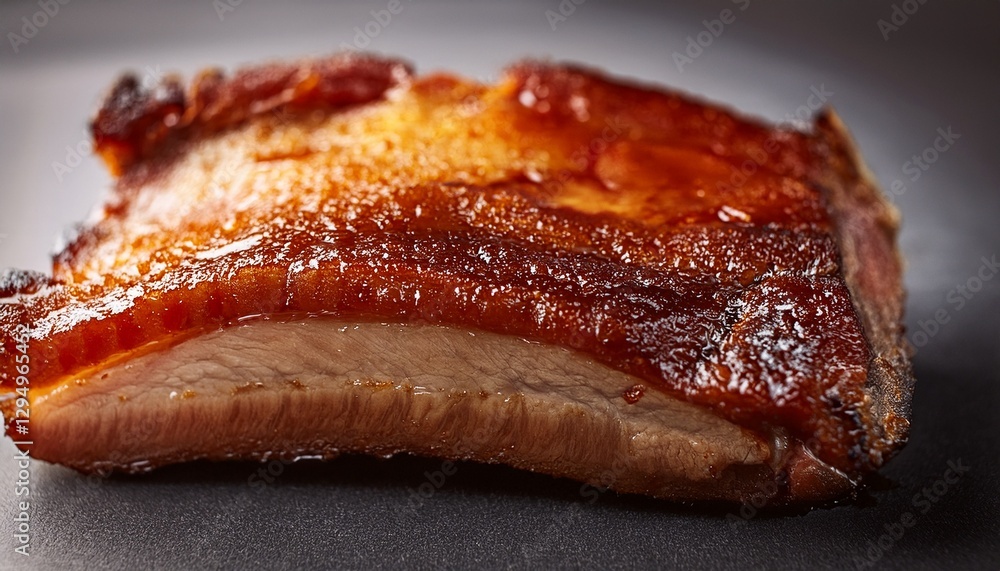 Macro shot of crispy roasted pork belly, showcasing the crackling skin and juicy meat, highlighting the perfect texture and golden-brown crispness. Macro shot of crispy roasted pork belly, showcasing the crackling skin and juicy meat, highlighting the perfect texture and golden-brown crispness.