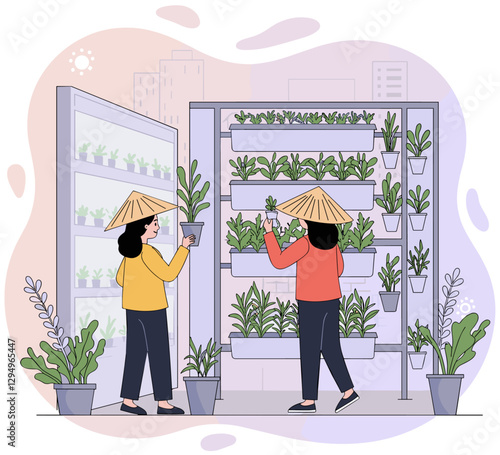 Chinese women harvesting aromatic plant from their urban vertical gardens. Minimalist colorful illustration