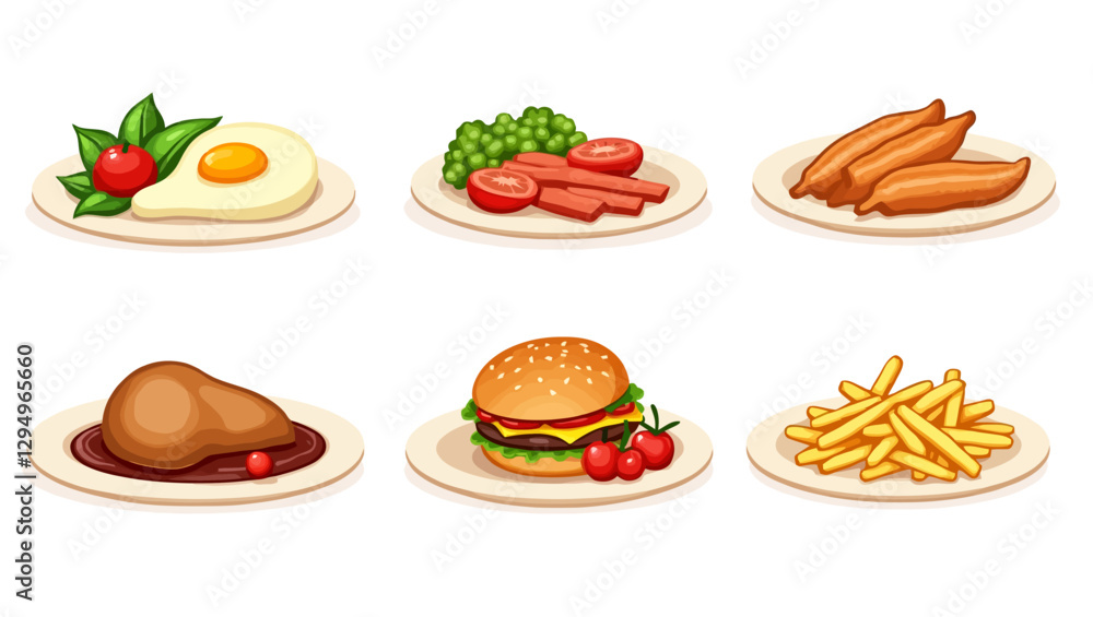 A collection of breakfast and fast food items, including eggs, chicken wings, sausage, fries, and a burger, illustrated in a colorful vector style. A collection of breakfast and fast food items, including eggs, chicken wings, sausage, fries, and a burger, illustrated in a colorful vector style.