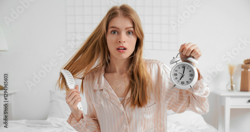 Shocked young woman holding...
