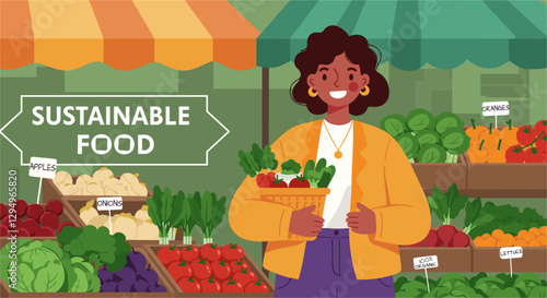 Happy Latina buying organic sustainable food at farmers market. Colorful minimalist illustration