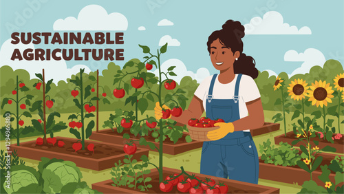 Happy mixed race woman harvesting organic tomatoes from her garden. Sustainable agriculture. Colorful flat style vector
