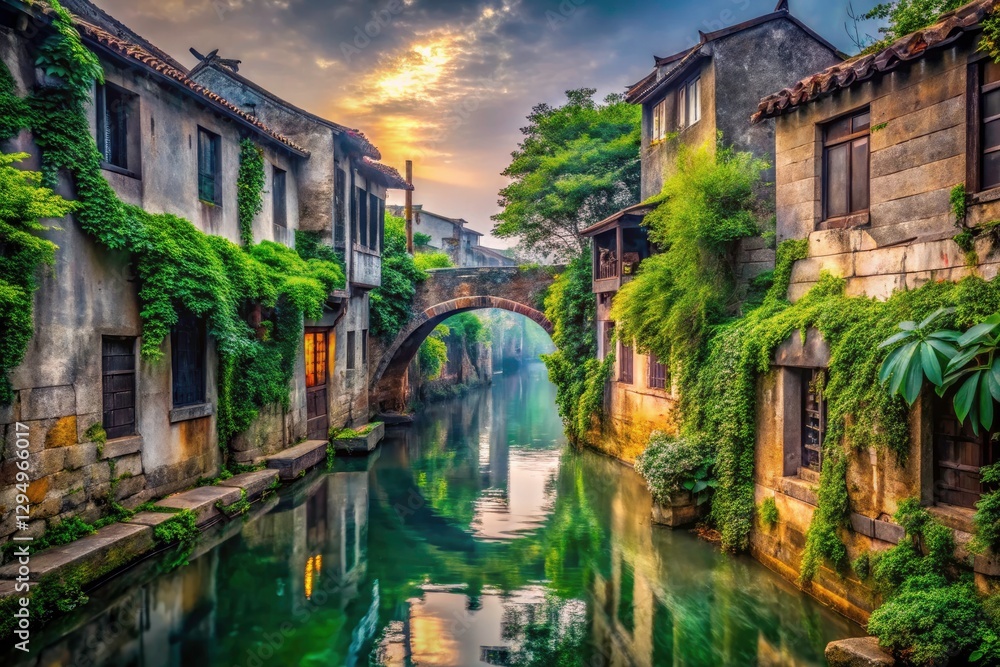 Fototapeta premium Suzhou Canal Exploration: Urban Decay, Chinese Waterways, Ancient Bridges, Rustic Charm, Photography, Travel