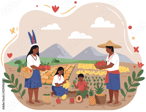 Latin American indigenous family harvesting their own food from garden. Colorful flat design illustration