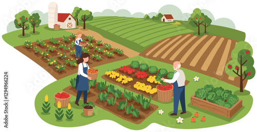Farmers harvesting veggies from their field. Colorful flat design illustration