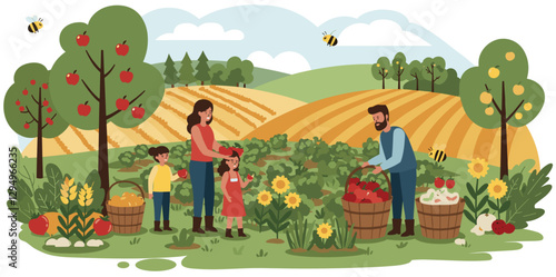 Family living in the countryside harvesting their vegetables from their field. Colorful illustration vector