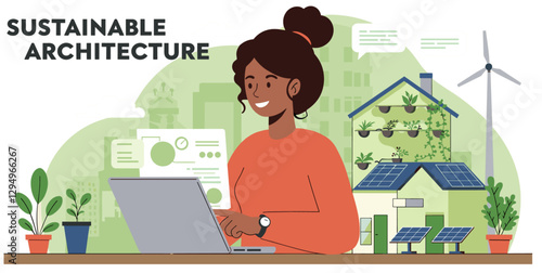 Mixed race architect woman designing eco-friendly building with green energy. Sustainable architecture. Colorful minimalist cartoon