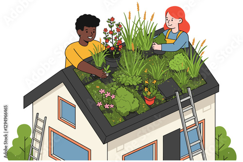 Happy multiethnic couple plating some plants in their rooftop. Sustainable garden, rooftop garden concept