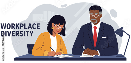 Young Asian businesswoman working with mature Black man in the office. Workplace diversity. Minimalist cartoon vector