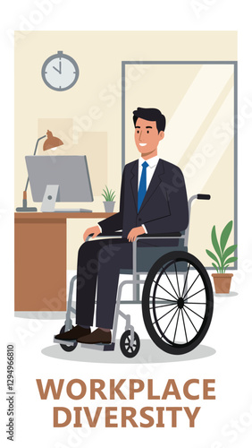 Workplace diversity with businessman in his wheelchair in the office. Minimalist vector style cartoon