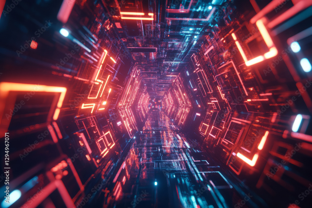 A surreal 3D abstract background showcasing a glowing tunnel of cascading, translucent circuits. The intricate details and neon reflections enhance the futuristic, cyberpunk-inspired aesthetic, A surreal 3D abstract background showcasing a glowing tunnel of cascading, translucent circuits. The intricate details and neon reflections enhance the futuristic, cyberpunk-inspired aesthetic,