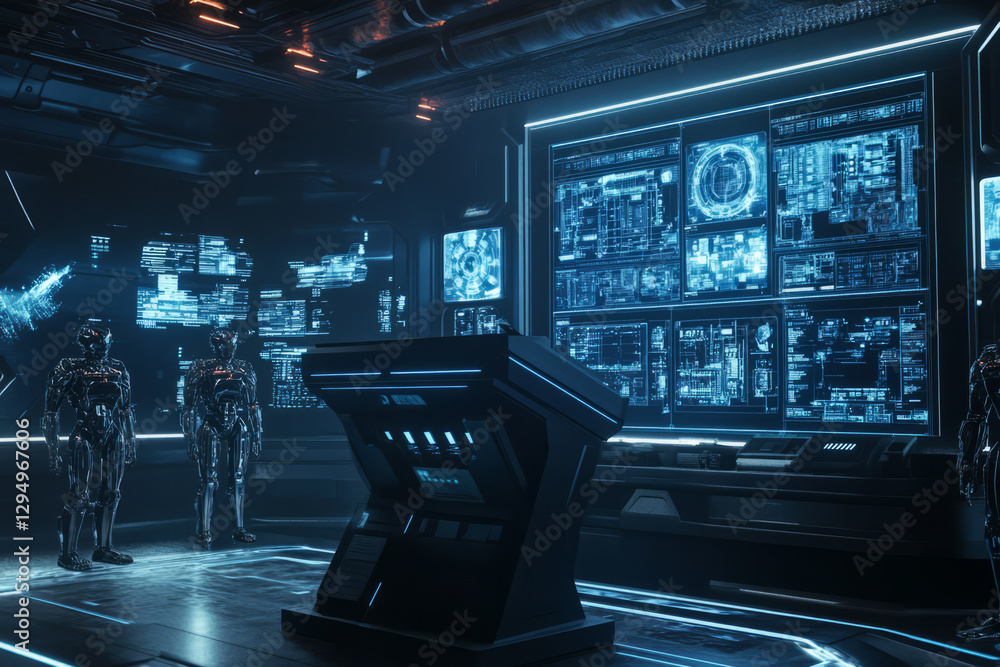 A sci-fi battle station 3D background featuring a metallic podium inside a high-tech command center. Holographic screens display real-time battlefield data, while sleek robotic assistants stand at A sci-fi battle station 3D background featuring a metallic podium inside a high-tech command center. Holographic screens display real-time battlefield data, while sleek robotic assistants stand at