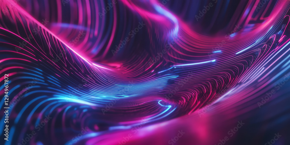 Fototapeta premium A mesmerizing 3D abstract background showcasing a glowing neon flute emitting pulsating sound waves. The surreal, immersive energy creates a futuristic visualization of traditional melodies blending