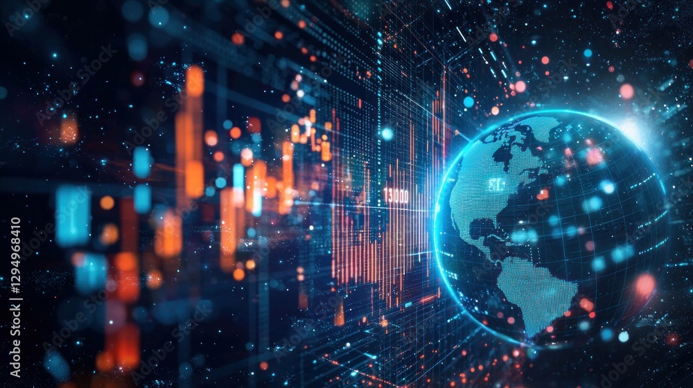 Obraz premium Abstract global network data visualization with glowing Earth, colorful graphics, and dynamic elements representing technology and communication trends