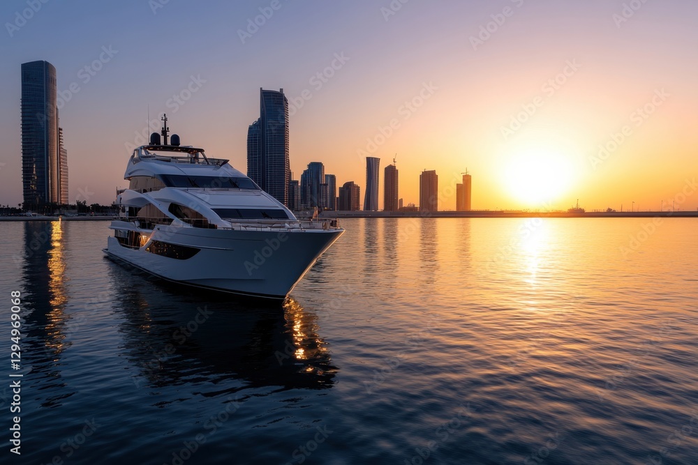 Naklejka premium A stunning luxury yacht rests peacefully in a tranquil harbor, framed by a modern city skyline illuminated by a breathtaking sunset, symbolizing opulence and tranquility.