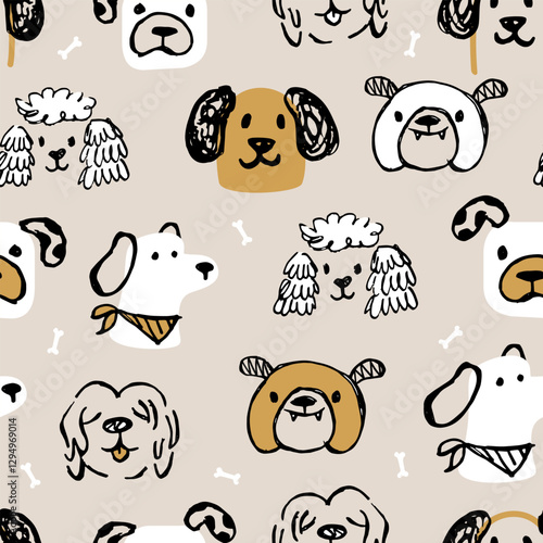 Doodle dog seamless pattern. Pastel colors childish background.