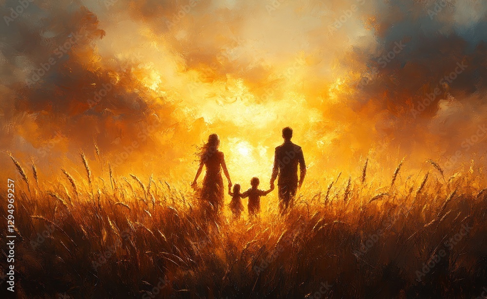 Fototapeta premium Happy Family Playing Together in Wheat Field at Sunset