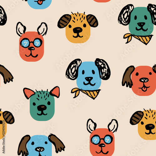 Doodle dog seamless pattern. Colorful childish background.