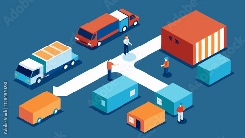 Transport Logistics An aerial view of a logistics hub with trucks loading and unloading goods while a manager oversees the operations.