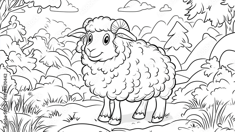 Smiling sheep standing in a beautiful mountain meadow coloring page Smiling sheep standing in a beautiful mountain meadow coloring page