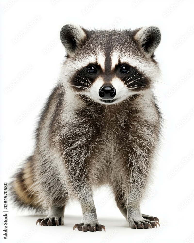 Obraz premium A cute raccoon standing upright with a fluffy coat and bright eyes against a white background.