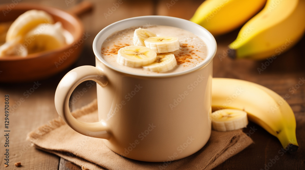 Banana shake in a rustic ceramic mug, Cozy home setting, Inviting and warm atmosphere, Earthy tones, copy space Banana shake in a rustic ceramic mug, Cozy home setting, Inviting and warm atmosphere, Earthy tones, copy space