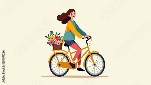 A stylish woman riding a yellow bicycle with a basket of flowers, symbolizing an active and eco-conscious lifestyle in a cheerful setting.