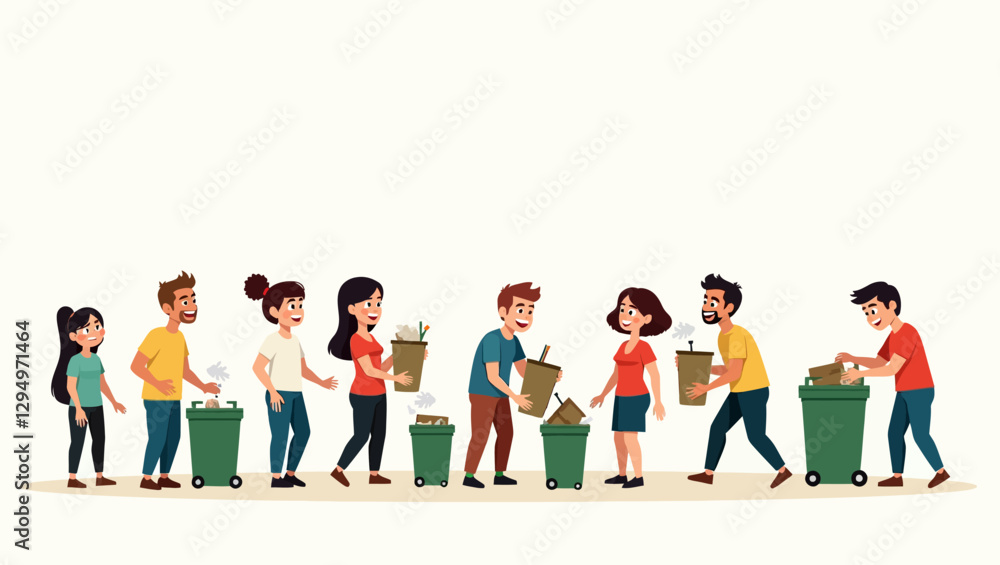 A group of people responsibly sorting waste into recycling bins, promoting environmental awareness and sustainability through proper waste management. A group of people responsibly sorting waste into recycling bins, promoting environmental awareness and sustainability through proper waste management.