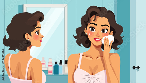 A woman happily cleansing her face with a cotton pad in front of a mirror, highlighting skincare routine, freshness, and beauty care.
